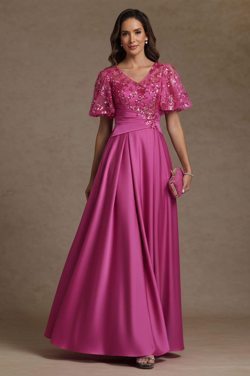 A-Line/Princess V-Neck Acetate Satin Mother of the Bride Dresses Sequins Floor-Length Short Sleeves Ruched
