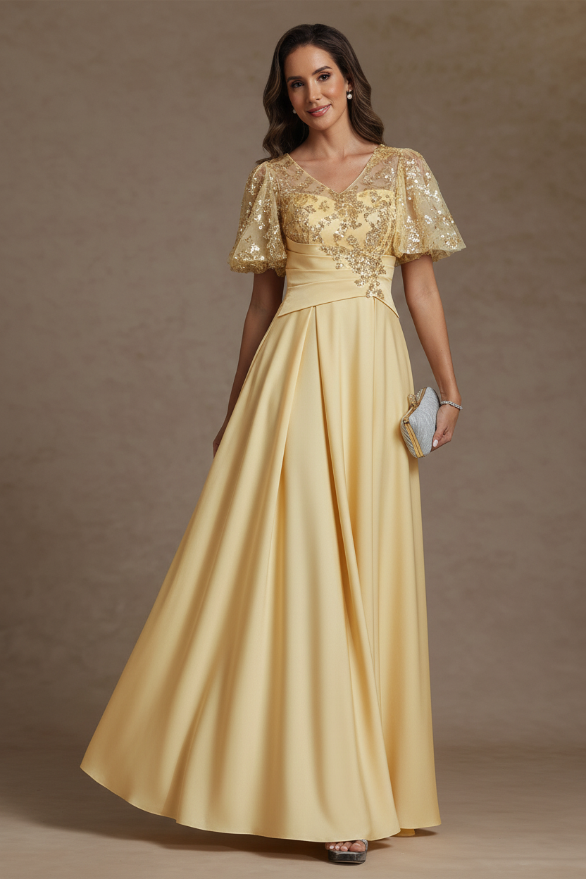 A-Line/Princess V-Neck Acetate Satin Mother of the Bride Dresses Sequins Floor-Length Short Sleeves Ruched