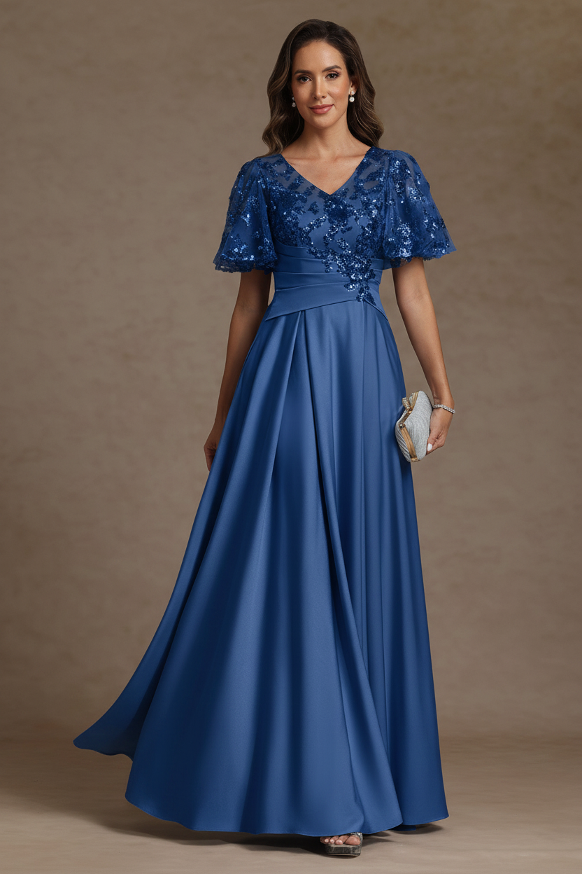 A-Line/Princess V-Neck Acetate Satin Mother of the Bride Dresses Sequins Floor-Length Short Sleeves Ruched