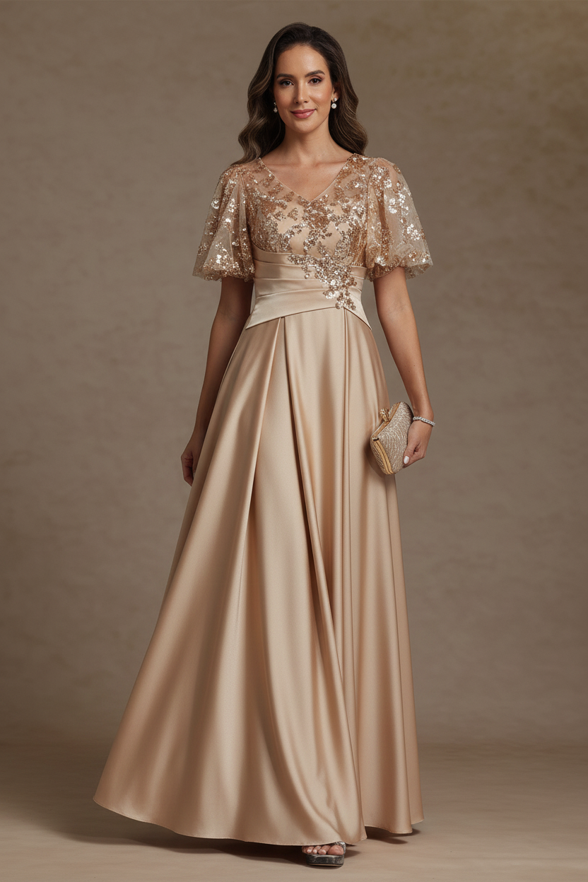 A-Line/Princess V-Neck Acetate Satin Mother of the Bride Dresses Sequins Floor-Length Short Sleeves Ruched