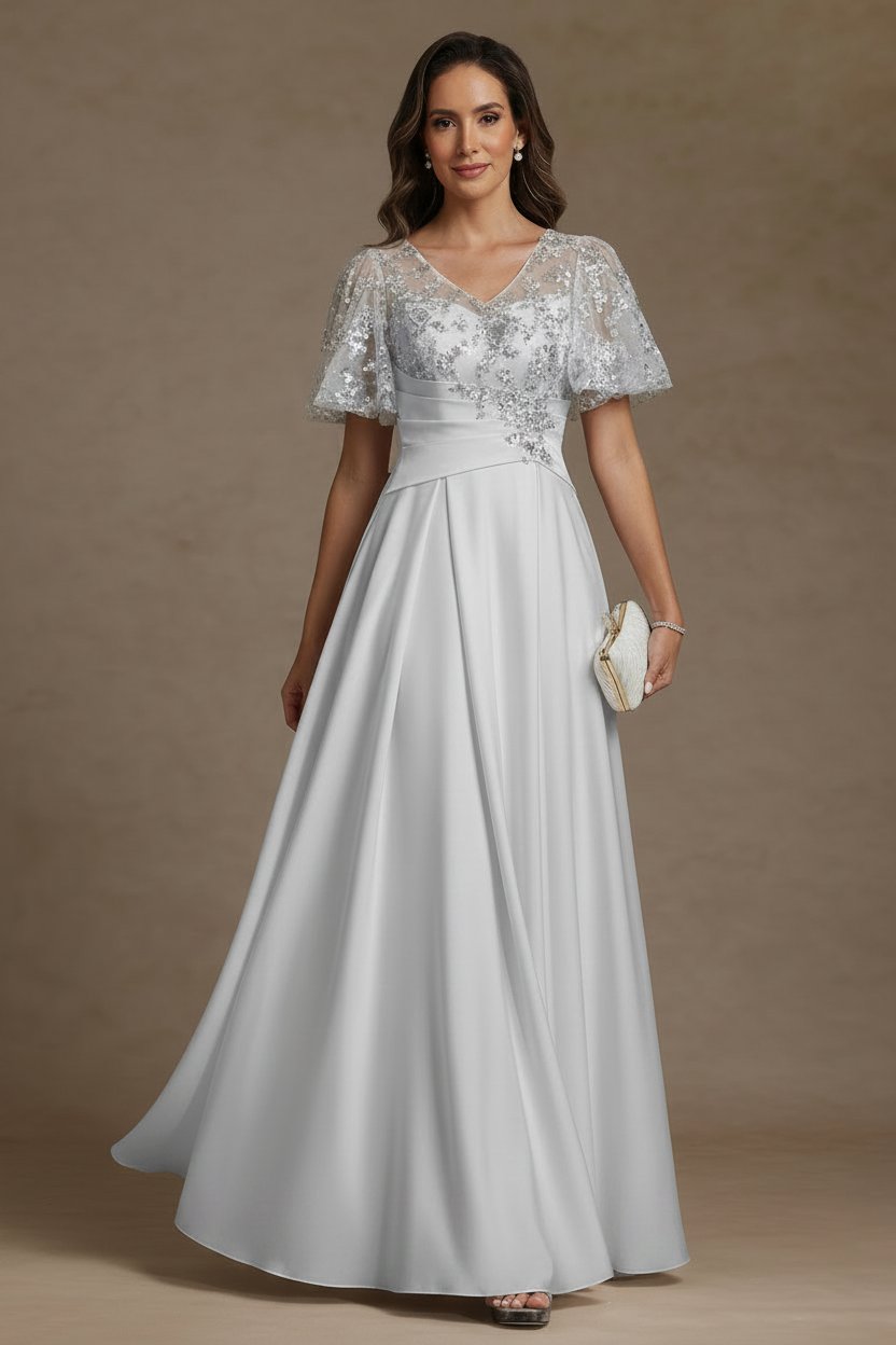 A-Line/Princess V-Neck Acetate Satin Mother of the Bride Dresses Sequins Floor-Length Short Sleeves Ruched