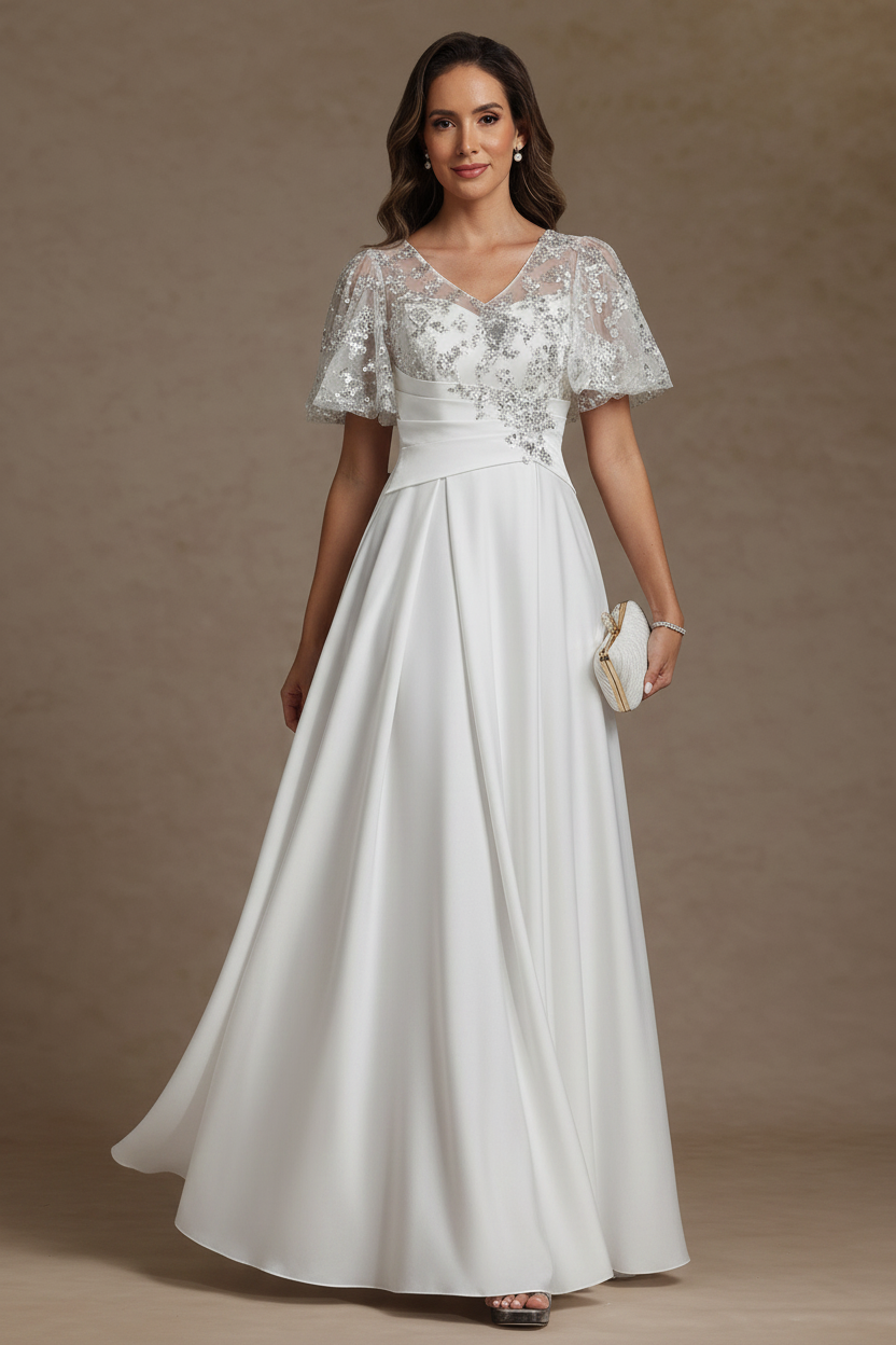 A-Line/Princess V-Neck Acetate Satin Mother of the Bride Dresses Sequins Floor-Length Short Sleeves Ruched