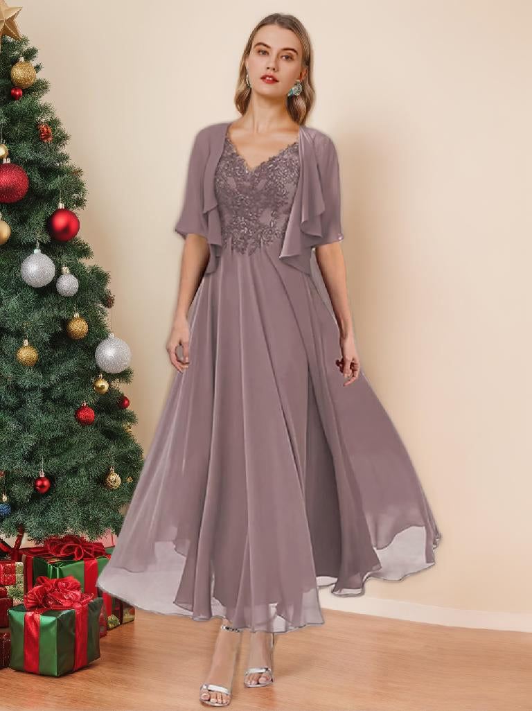 A-Line/Princess V-Neck Ankle-Length Mother of the Bride Dresses, Dusk