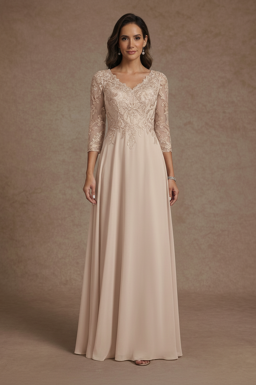 A-Line/Princess V-Neck Chiffon Mother of the Bride Dresses Floor-Length Half Sleeves Lace Appliques