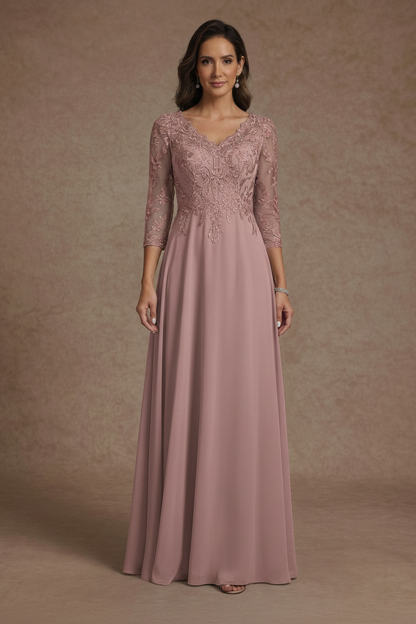 A-Line/Princess V-Neck Chiffon Mother of the Bride Dresses Floor-Length Half Sleeves Lace Appliques