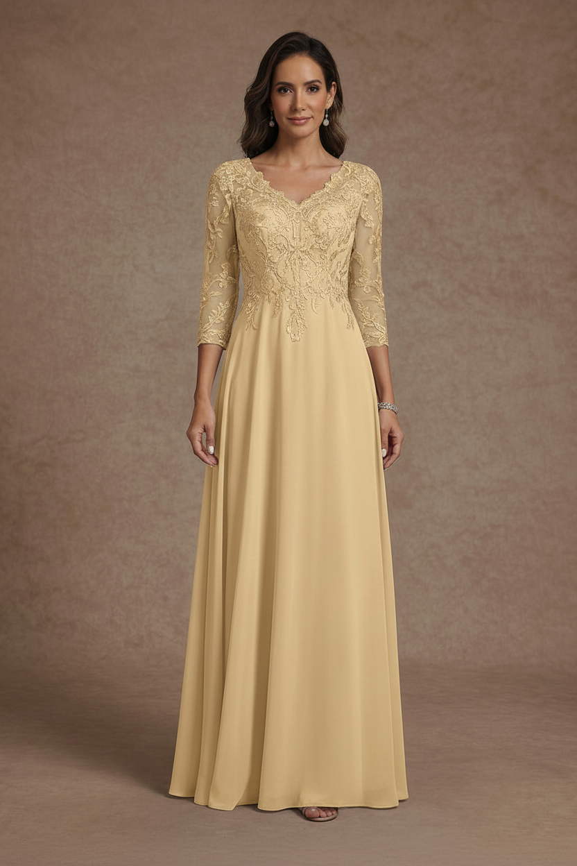 A-Line/Princess V-Neck Chiffon Mother of the Bride Dresses Floor-Length Half Sleeves Lace Appliques