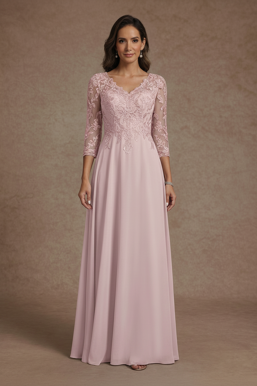 A-Line/Princess V-Neck Chiffon Mother of the Bride Dresses Floor-Length Half Sleeves Lace Appliques