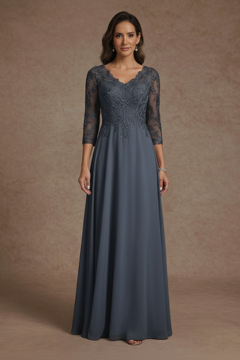 A-Line/Princess V-Neck Chiffon Mother of the Bride Dresses Floor-Length Half Sleeves Lace Appliques