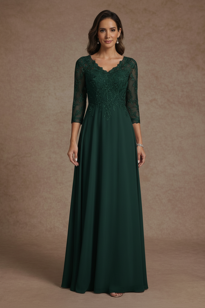 A-Line/Princess V-Neck Chiffon Mother of the Bride Dresses Floor-Length Half Sleeves Lace Appliques