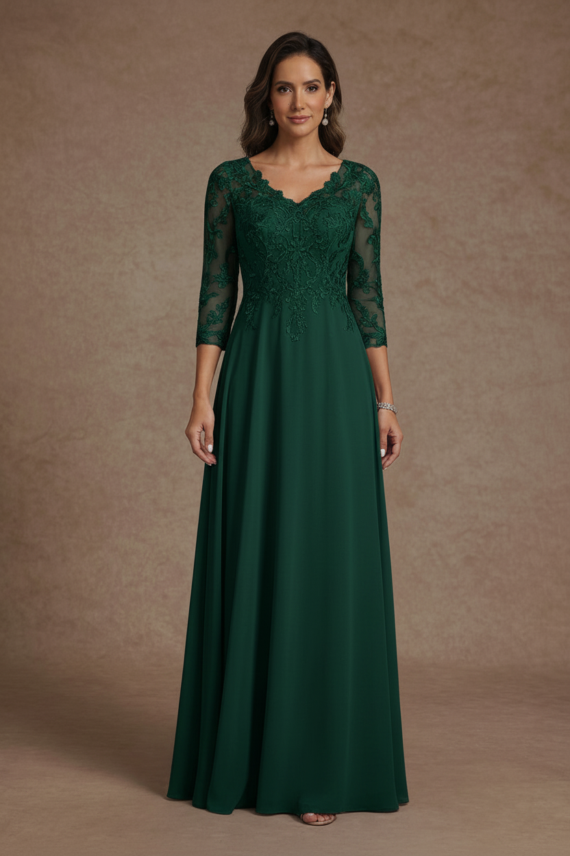 A-Line/Princess V-Neck Chiffon Mother of the Bride Dresses Floor-Length Half Sleeves Lace Appliques