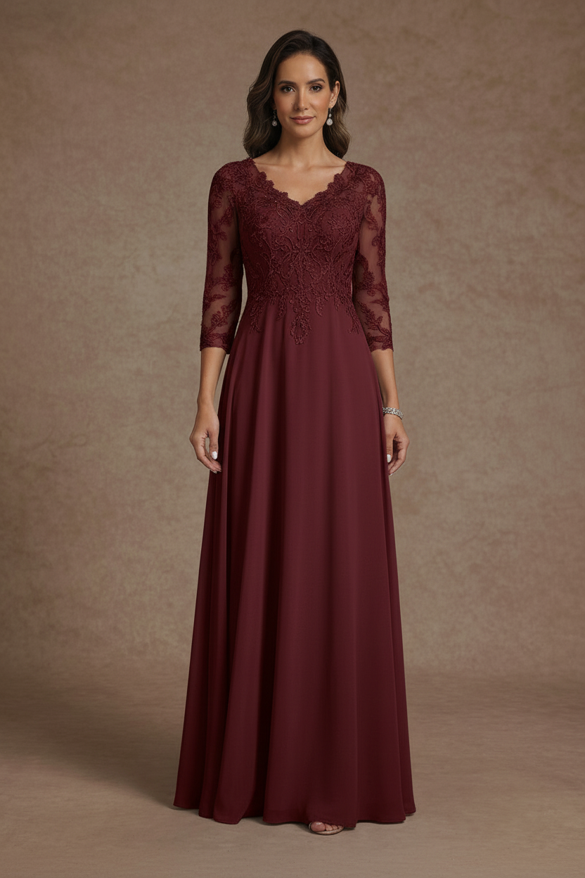 A-Line/Princess V-Neck Chiffon Mother of the Bride Dresses Floor-Length Half Sleeves Lace Appliques