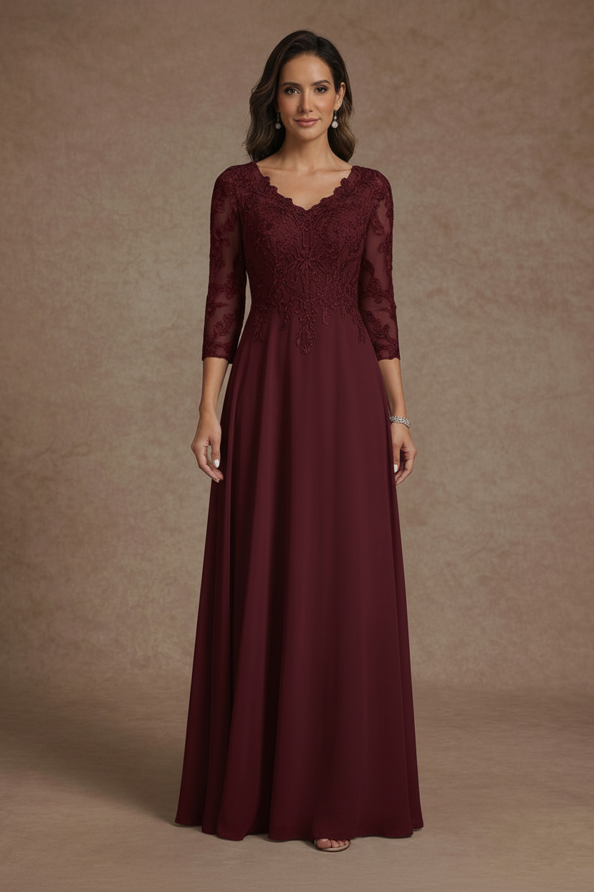 A-Line/Princess V-Neck Chiffon Mother of the Bride Dresses Floor-Length Half Sleeves Lace Appliques