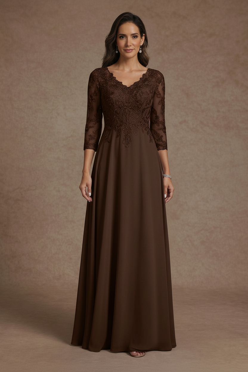 A-Line/Princess V-Neck Chiffon Mother of the Bride Dresses Floor-Length Half Sleeves Lace Appliques