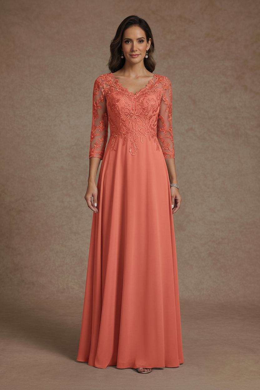 A-Line/Princess V-Neck Chiffon Mother of the Bride Dresses Floor-Length Half Sleeves Lace Appliques