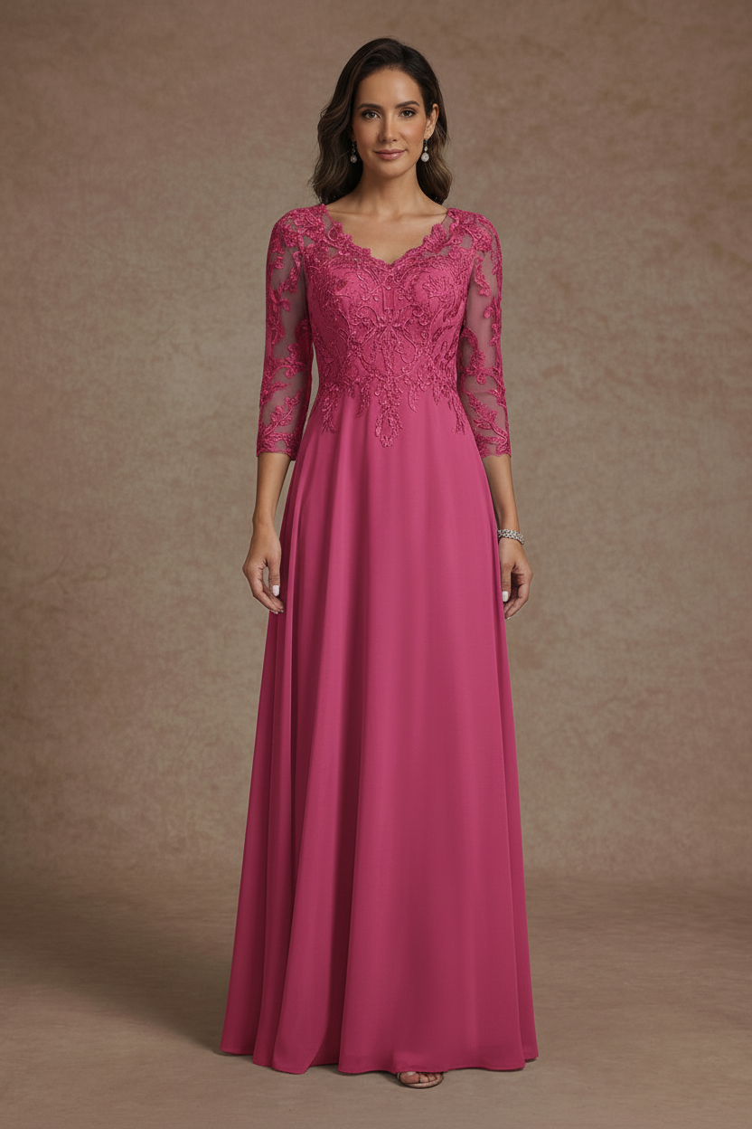 A-Line/Princess V-Neck Chiffon Mother of the Bride Dresses Floor-Length Half Sleeves Lace Appliques