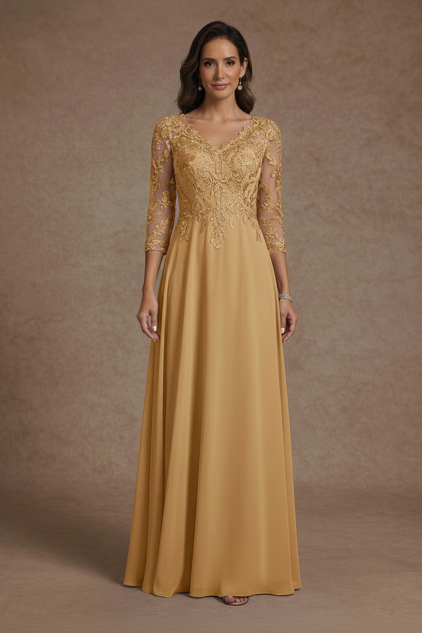 A-Line/Princess V-Neck Chiffon Mother of the Bride Dresses Floor-Length Half Sleeves Lace Appliques