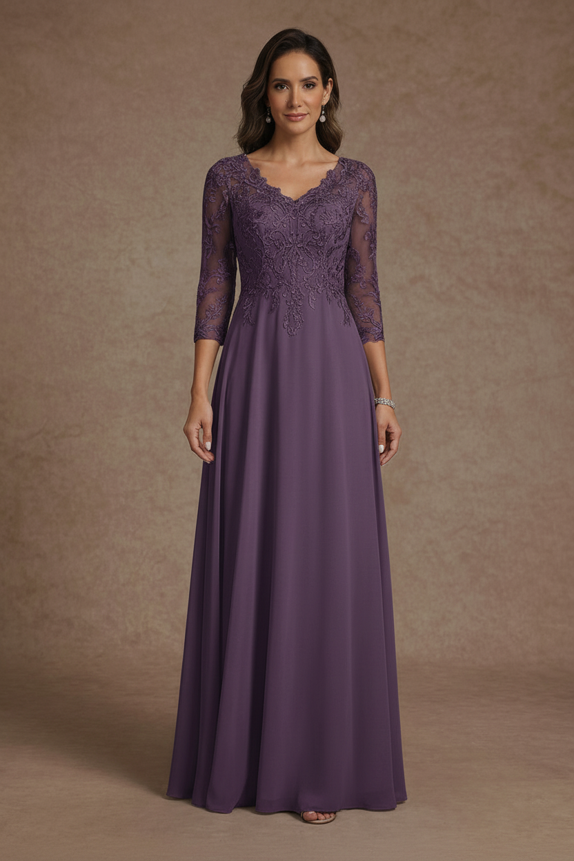 A-Line/Princess V-Neck Chiffon Mother of the Bride Dresses Floor-Length Half Sleeves Lace Appliques