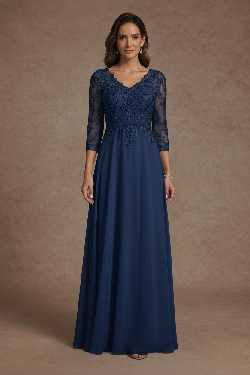 A-Line/Princess V-Neck Chiffon Mother of the Bride Dresses Floor-Length Half Sleeves Lace Appliques