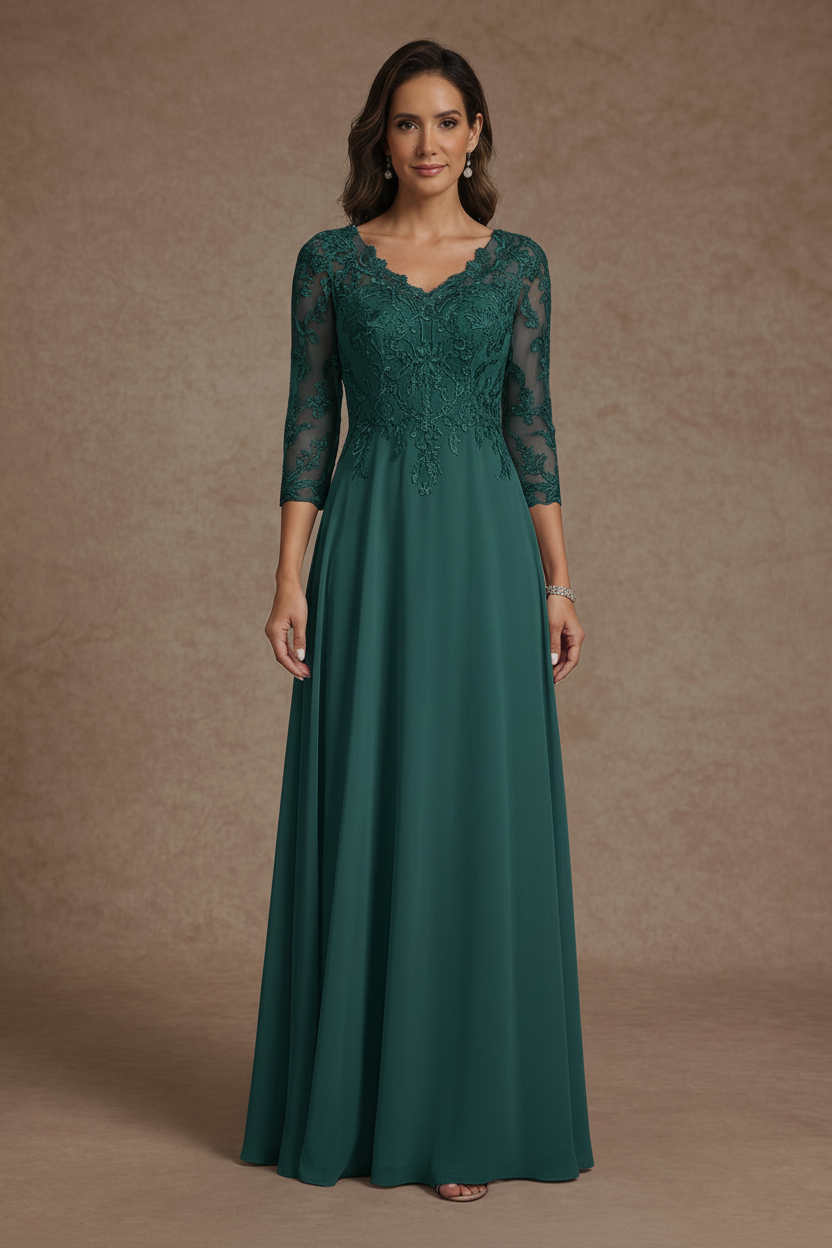 A-Line/Princess V-Neck Chiffon Mother of the Bride Dresses Floor-Length Half Sleeves Lace Appliques