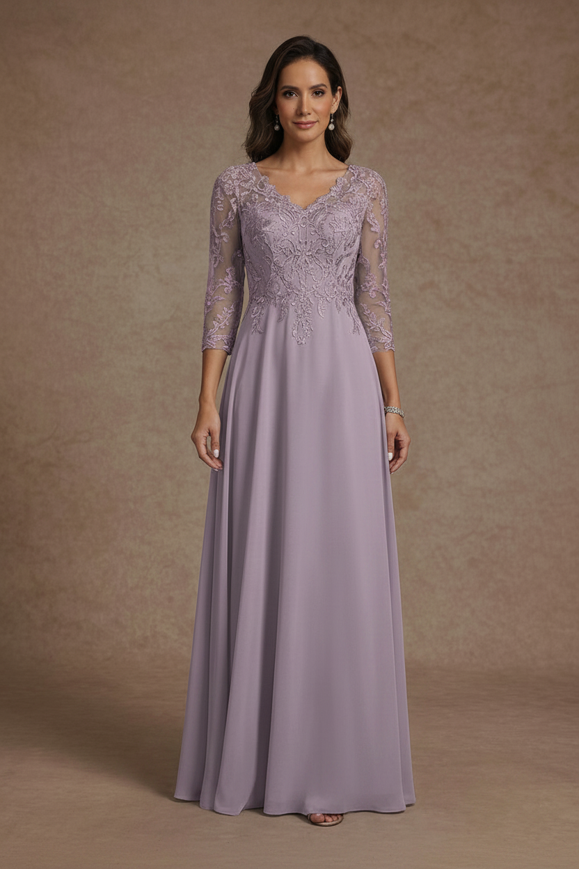 A-Line/Princess V-Neck Chiffon Mother of the Bride Dresses Floor-Length Half Sleeves Lace Appliques