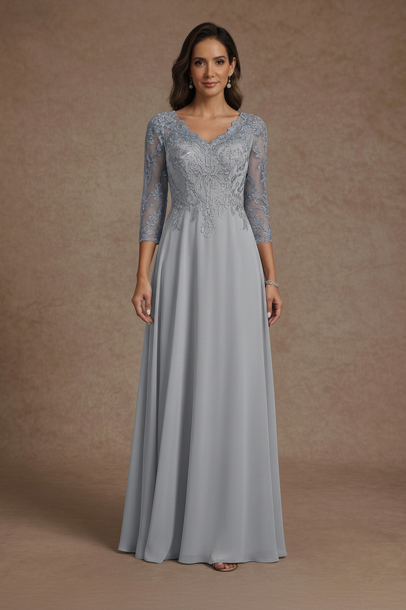 A-Line/Princess V-Neck Chiffon Mother of the Bride Dresses Floor-Length Half Sleeves Lace Appliques