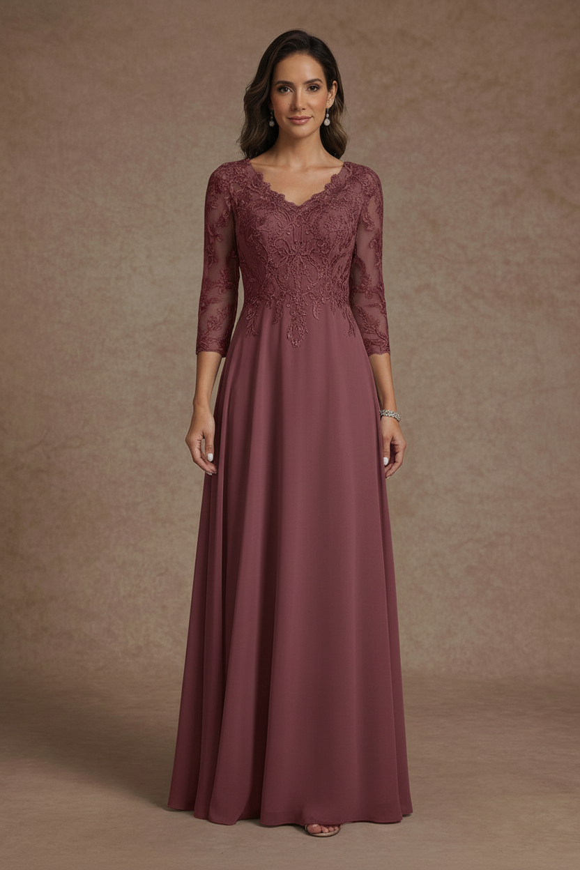 A-Line/Princess V-Neck Chiffon Mother of the Bride Dresses Floor-Length Half Sleeves Lace Appliques