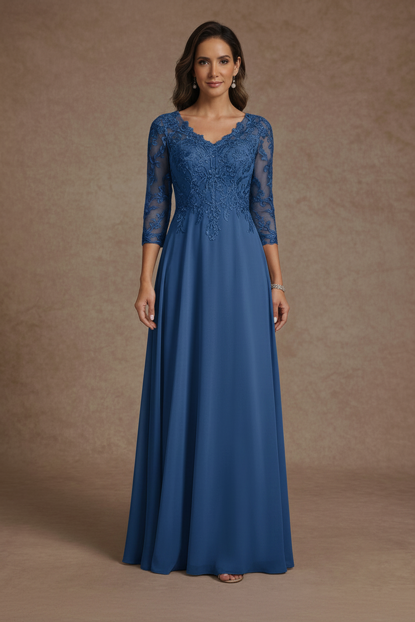 A-Line/Princess V-Neck Chiffon Mother of the Bride Dresses Floor-Length Half Sleeves Lace Appliques