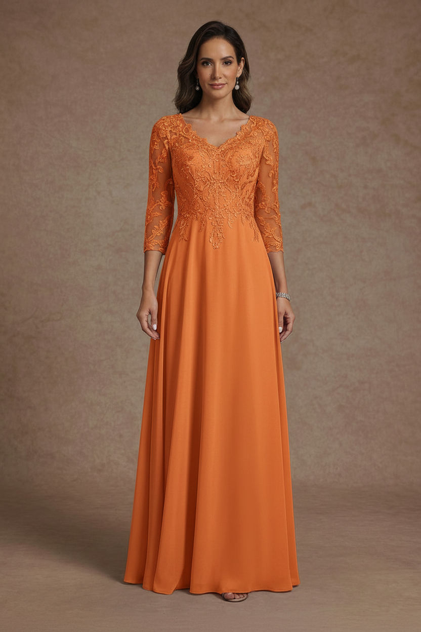 A-Line/Princess V-Neck Chiffon Mother of the Bride Dresses Floor-Length Half Sleeves Lace Appliques