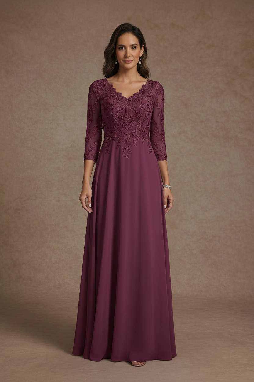 A-Line/Princess V-Neck Chiffon Mother of the Bride Dresses Floor-Length Half Sleeves Lace Appliques