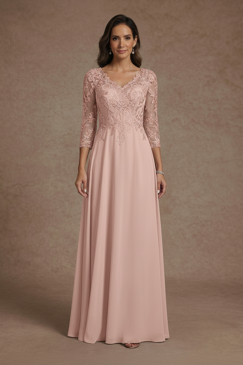 A-Line/Princess V-Neck Chiffon Mother of the Bride Dresses Floor-Length Half Sleeves Lace Appliques