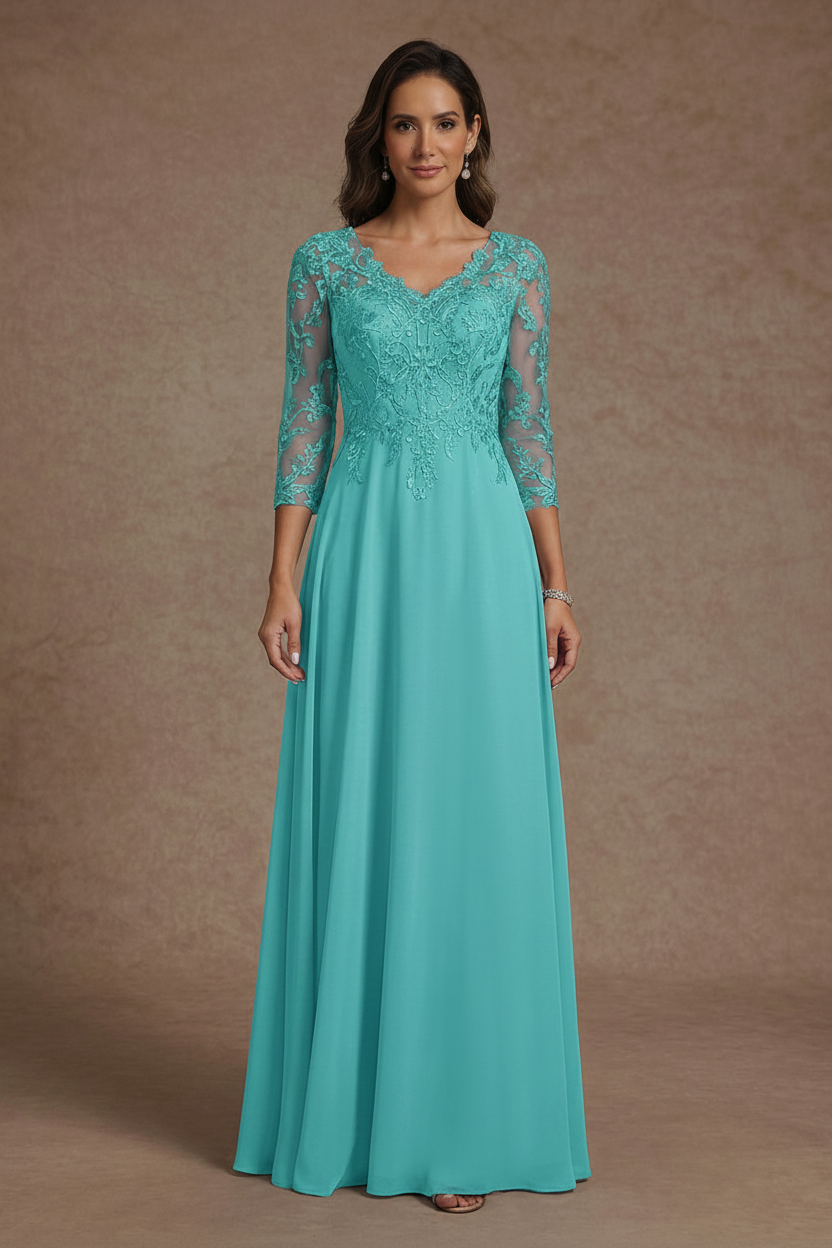 A-Line/Princess V-Neck Chiffon Mother of the Bride Dresses Floor-Length Half Sleeves Lace Appliques
