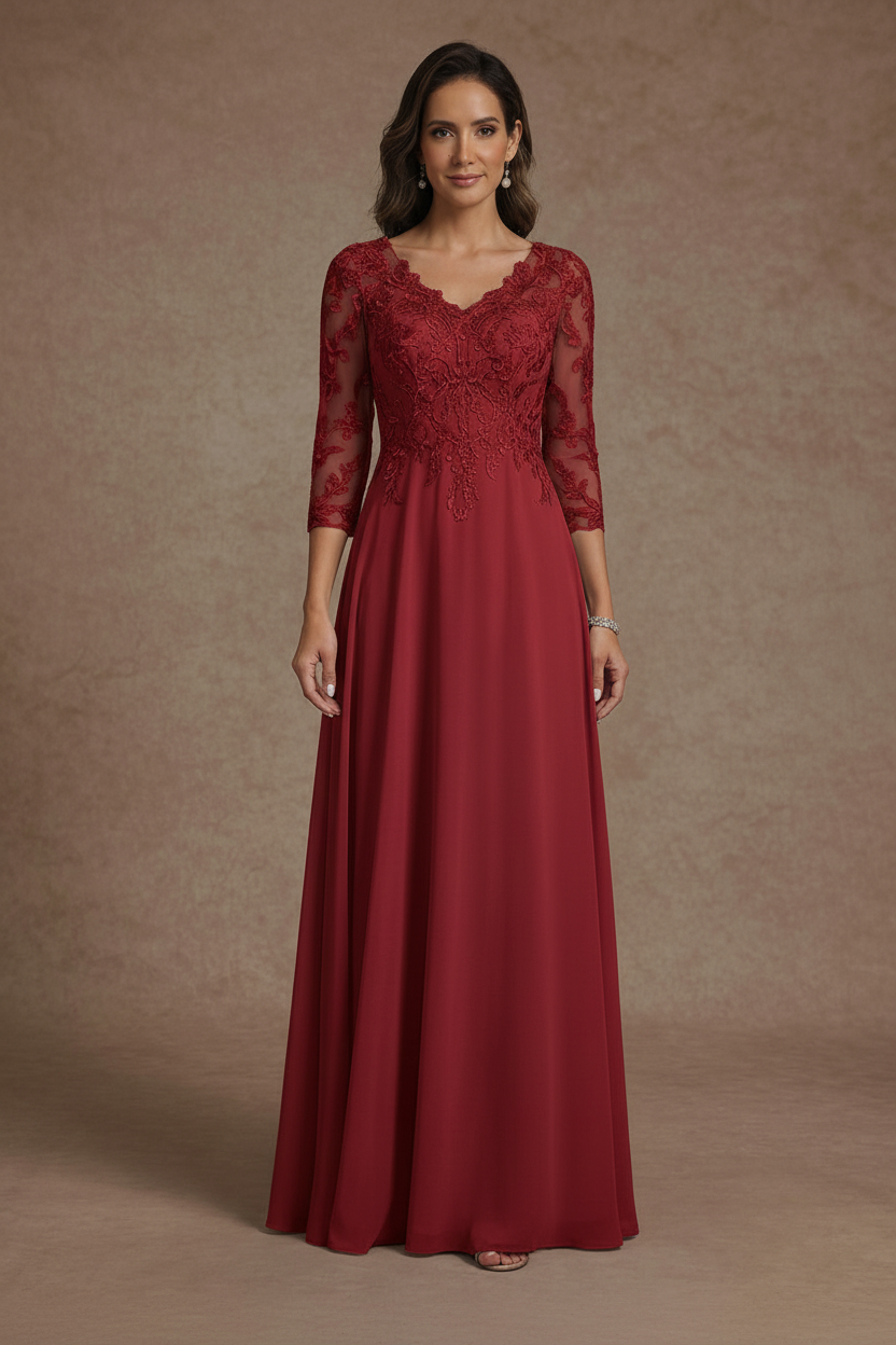 A-Line/Princess V-Neck Chiffon Mother of the Bride Dresses Floor-Length Half Sleeves Lace Appliques