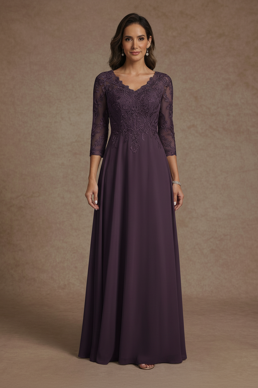 A-Line/Princess V-Neck Chiffon Mother of the Bride Dresses Floor-Length Half Sleeves Lace Appliques