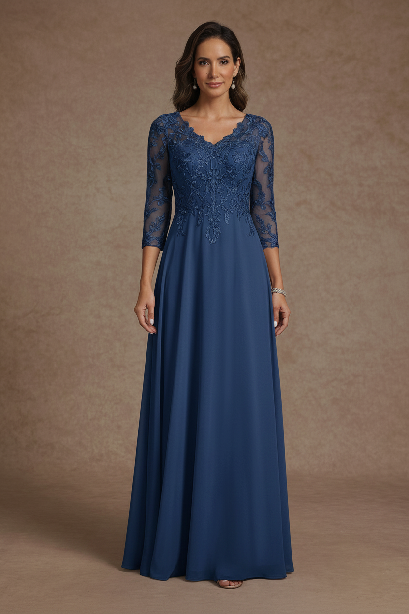 A-Line/Princess V-Neck Chiffon Mother of the Bride Dresses Floor-Length Half Sleeves Lace Appliques