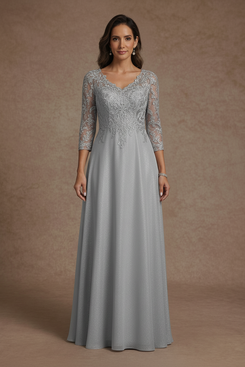 A-Line/Princess V-Neck Chiffon Mother of the Bride Dresses Floor-Length Half Sleeves Lace Appliques