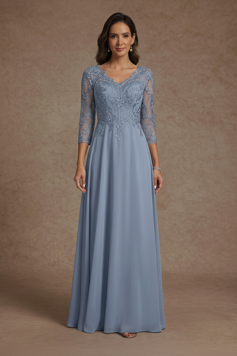 A-Line/Princess V-Neck Chiffon Mother of the Bride Dresses Floor-Length Half Sleeves Lace Appliques