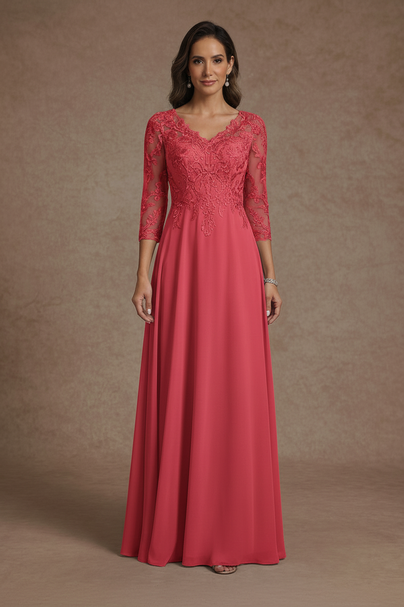 A-Line/Princess V-Neck Chiffon Mother of the Bride Dresses Floor-Length Half Sleeves Lace Appliques