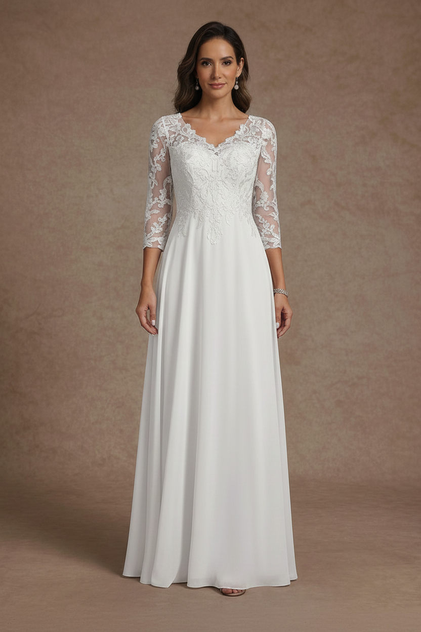 A-Line/Princess V-Neck Chiffon Mother of the Bride Dresses Floor-Length Half Sleeves Lace Appliques