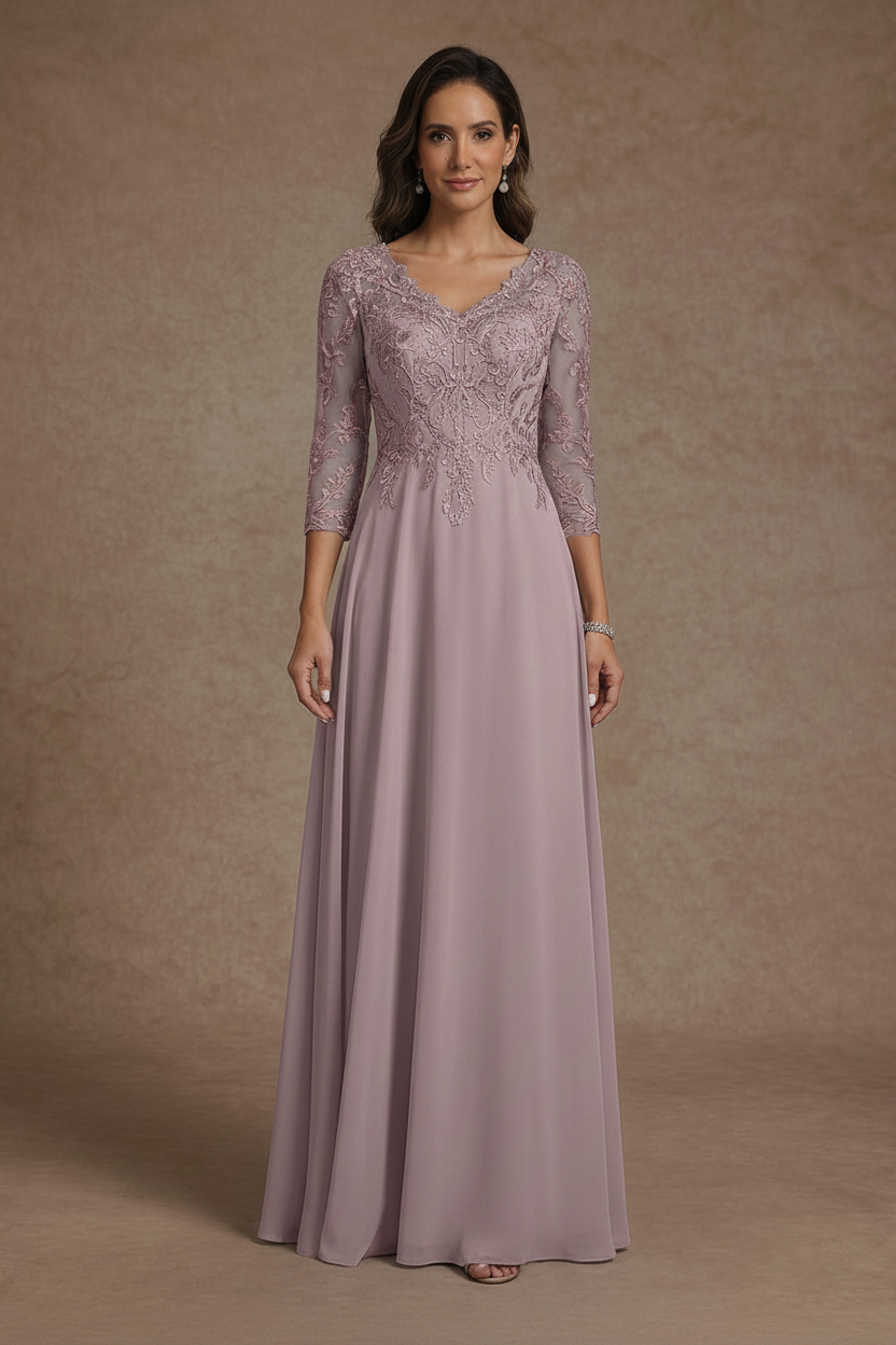 A-Line/Princess V-Neck Chiffon Mother of the Bride Dresses Floor-Length Half Sleeves Lace Appliques