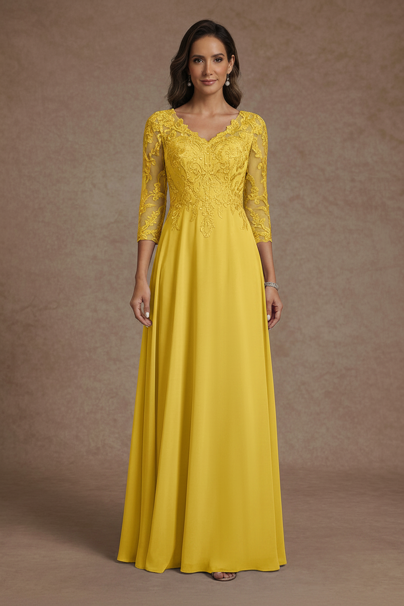 A-Line/Princess V-Neck Chiffon Mother of the Bride Dresses Floor-Length Half Sleeves Lace Appliques