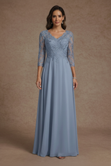 A-Line/Princess V-Neck Chiffon Mother of the Bride Dresses Floor-Length Half Sleeves Lace Appliques