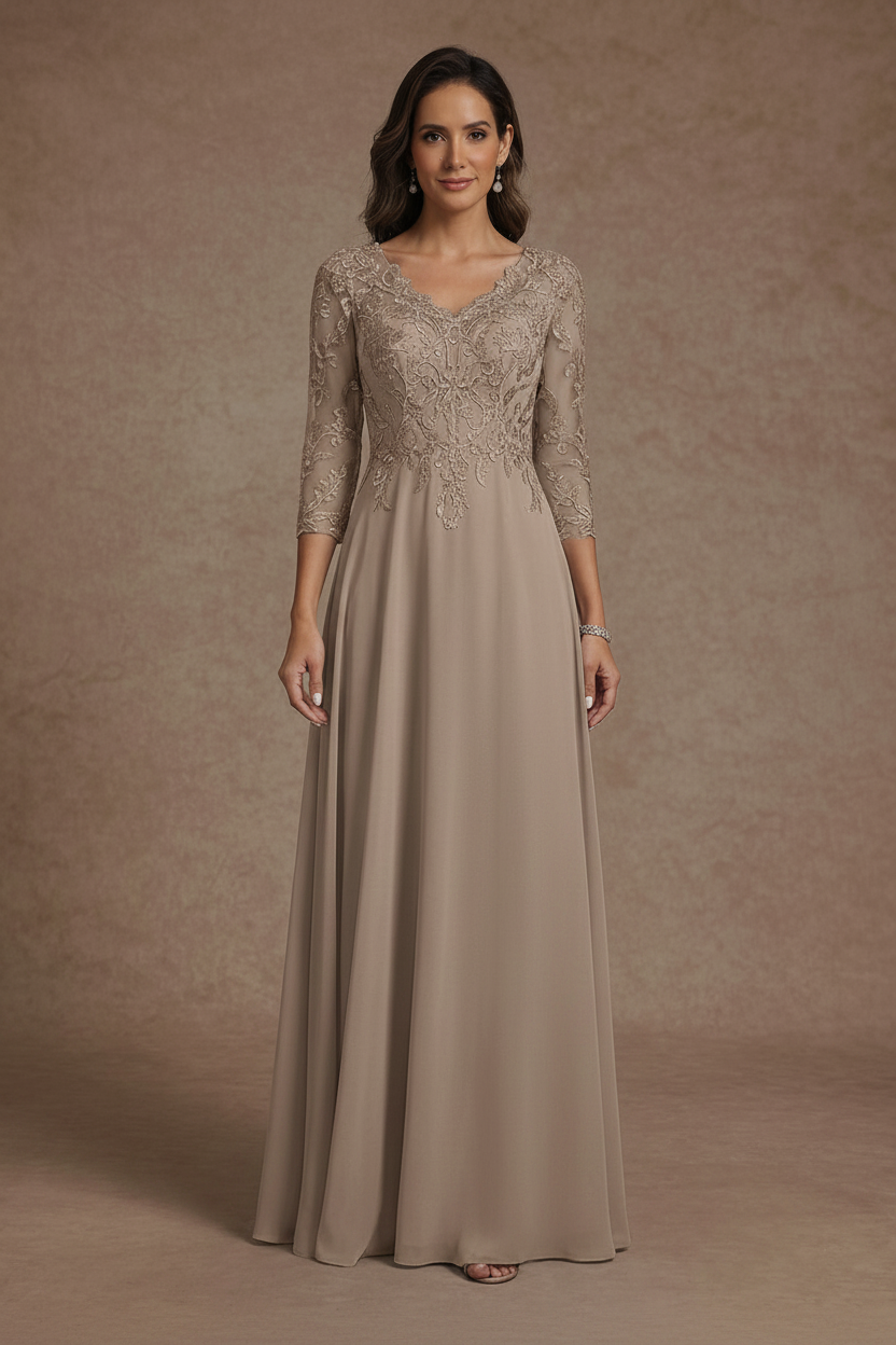 A-Line/Princess V-Neck Chiffon Mother of the Bride Dresses Floor-Length Half Sleeves Lace Appliques