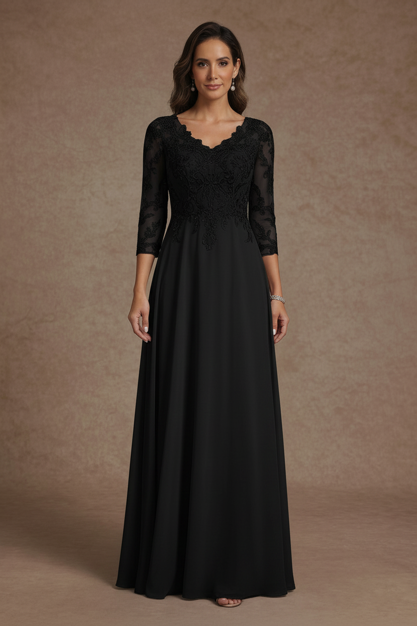 A-Line/Princess V-Neck Chiffon Mother of the Bride Dresses Floor-Length Half Sleeves Lace Appliques