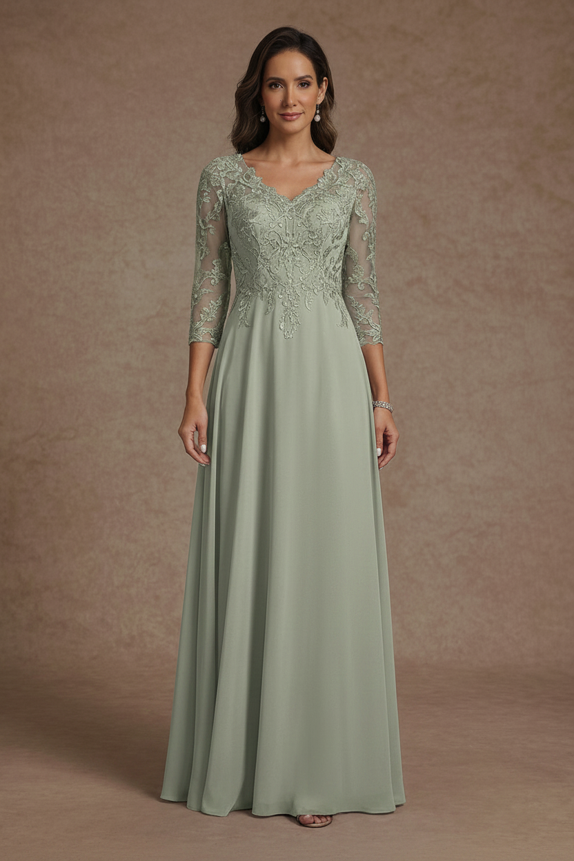A-Line/Princess V-Neck Chiffon Mother of the Bride Dresses Floor-Length Half Sleeves Lace Appliques