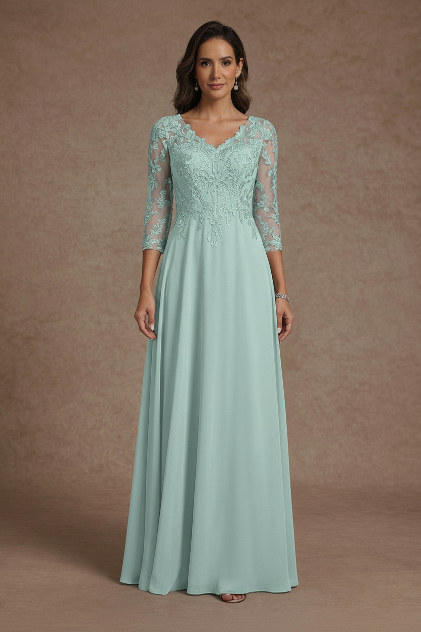 A-Line/Princess V-Neck Chiffon Mother of the Bride Dresses Floor-Length Half Sleeves Lace Appliques