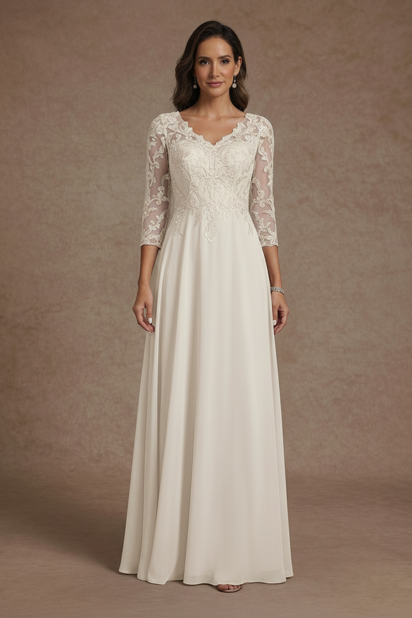 A-Line/Princess V-Neck Chiffon Mother of the Bride Dresses Floor-Length Half Sleeves Lace Appliques