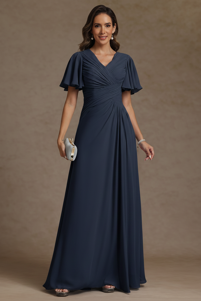 A-Line/Princess V-Neck Chiffon Mother of the Bride Dresses Floor-Length Ruched Short Sleeves