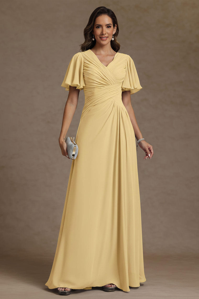 A-Line/Princess V-Neck Chiffon Mother of the Bride Dresses Floor-Length Ruched Short Sleeves