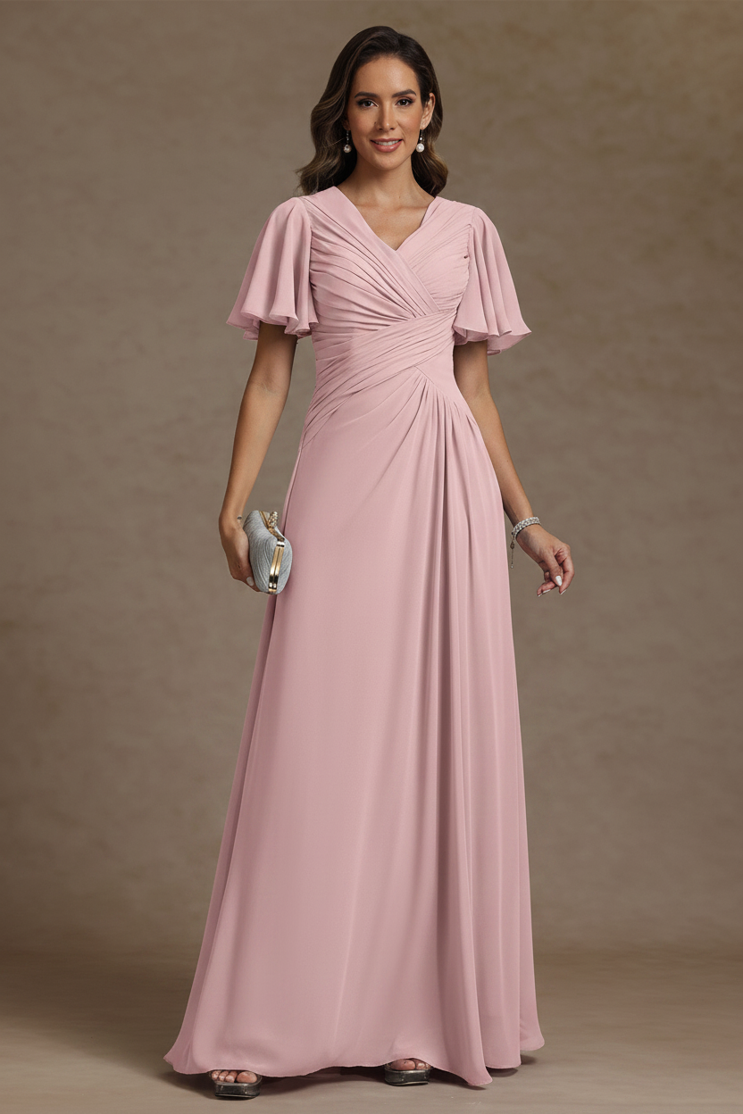 A-Line/Princess V-Neck Chiffon Mother of the Bride Dresses Floor-Length Ruched Short Sleeves