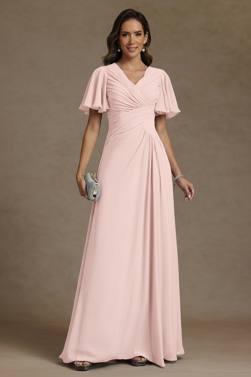 A-Line/Princess V-Neck Chiffon Mother of the Bride Dresses Floor-Length Ruched Short Sleeves